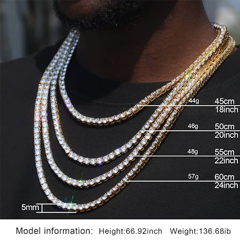 D&Z 3MM-6MM Spring buckle Iced Out Full Cubic Zircon 1 Row Tennis Chain Necklace Gold Silver Color Hip Hop Jewelry