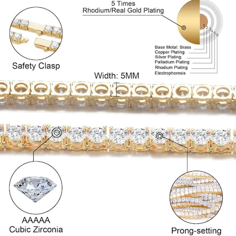 D&Z 3MM-6MM Spring buckle Iced Out Full Cubic Zircon 1 Row Tennis Chain Necklace Gold Silver Color Hip Hop Jewelry