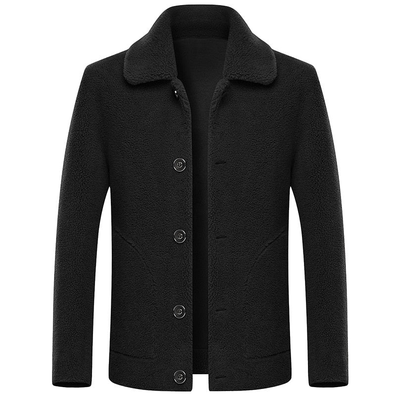 Luxury Men's Fur Jacket Casual Turn Down Collar Coat Full Button Sheepskin Reversible Garment Long Sleeve Fleece Warm Suit 5XL