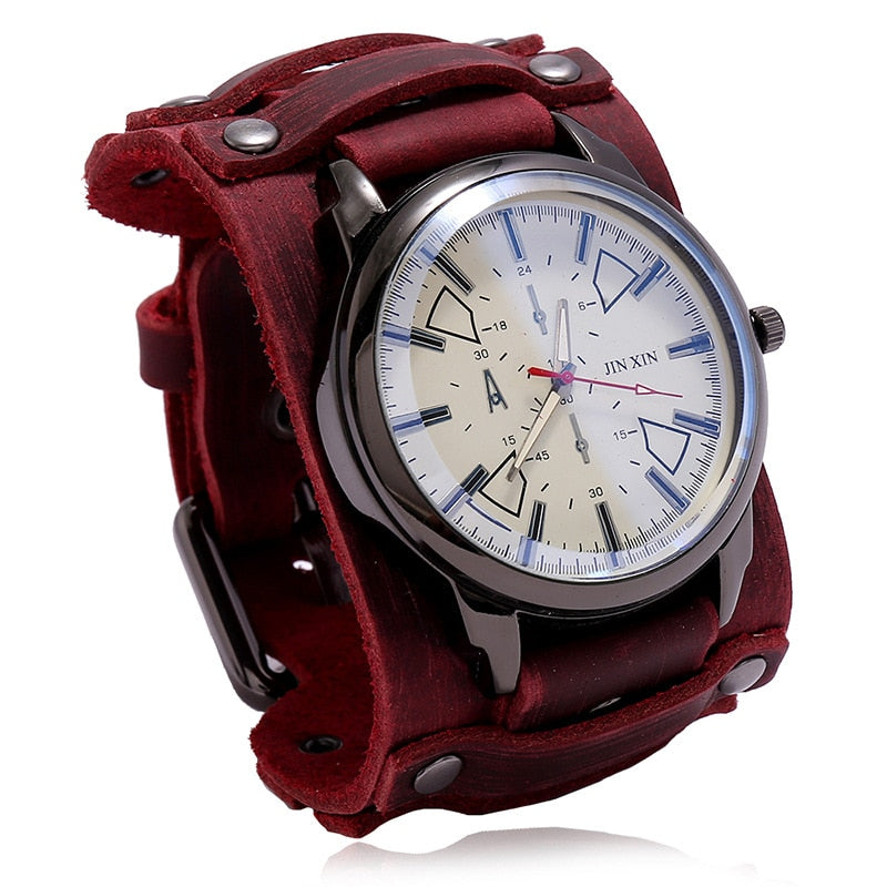 Mens Quartz Watches Jessingshow Luxury Wristwatch 2023 Cowhide Watchband Punk Style Watch for Men Wide Genuine Leather Bracelets