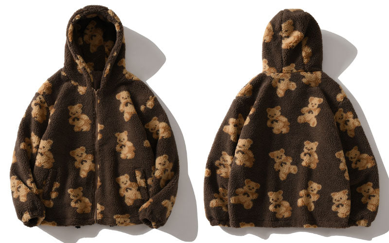 GONTHWID Fleece Hooded Jackets Streetwear Casual Harajuku Hip Hop Men Women Fashion Bear Print Full Zip Hooded Coat Tops Outwear