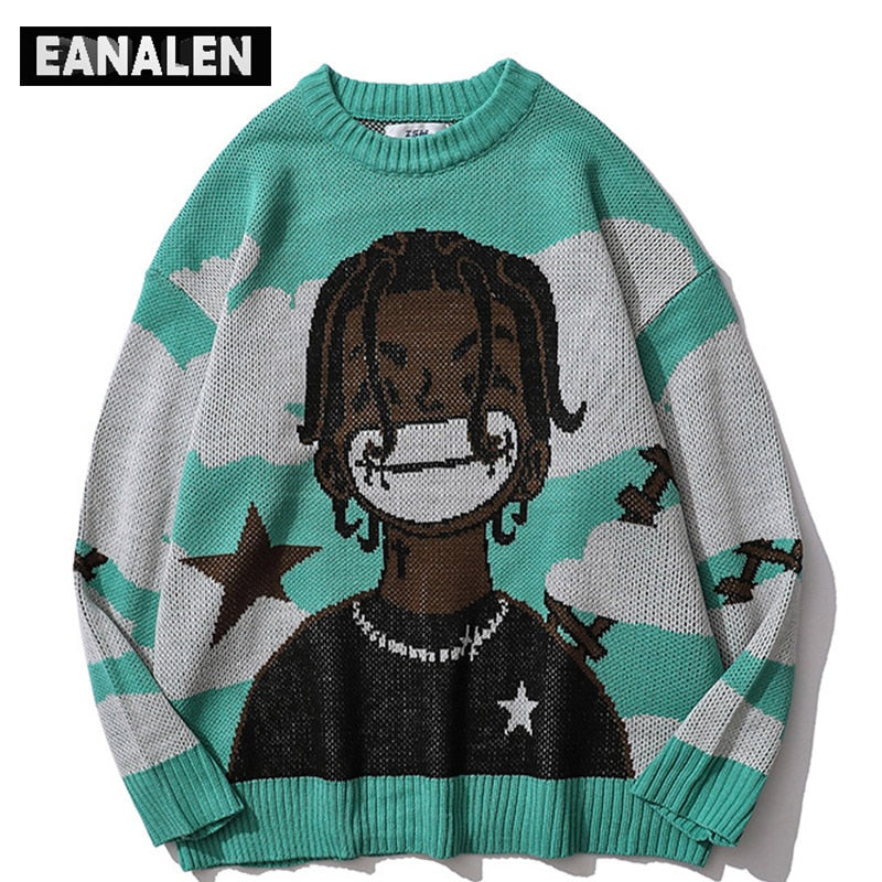 Harajuku vintage cartoon anime knitted sweater men