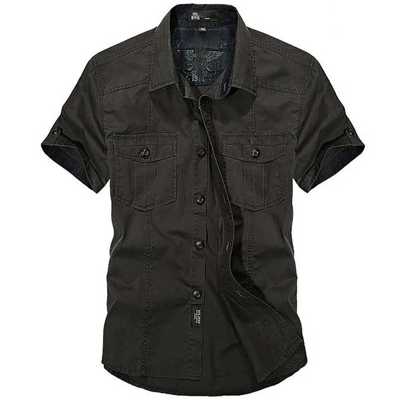 Fashion Cotton Casual Shirts Summer Men Plus Size Loose Baggy Shirts Short Sleeve Turn-down Collar Military Style Male Clothing