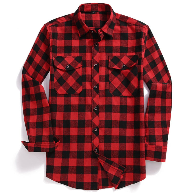 2022 New Men Casual Plaid Flannel Shirt Long-Sleeved Chest Two Pocket Design Fashion Printed-Button (USA SIZE S M L XL 2XL)