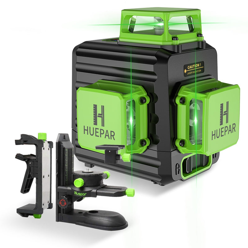 Huepar 3D Cross Line Self-leveling Laser Level 12 lines Green Beam Li-ion Battery with Type-C Charging Port & Hard Carry Case