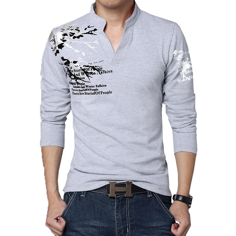 Hot Sale New Autumn Men's T Shirt Fashion Flower Print V Neck Long Sleeve T Shirt Mens Clothes Trend Casual Top Tee Men 5XL