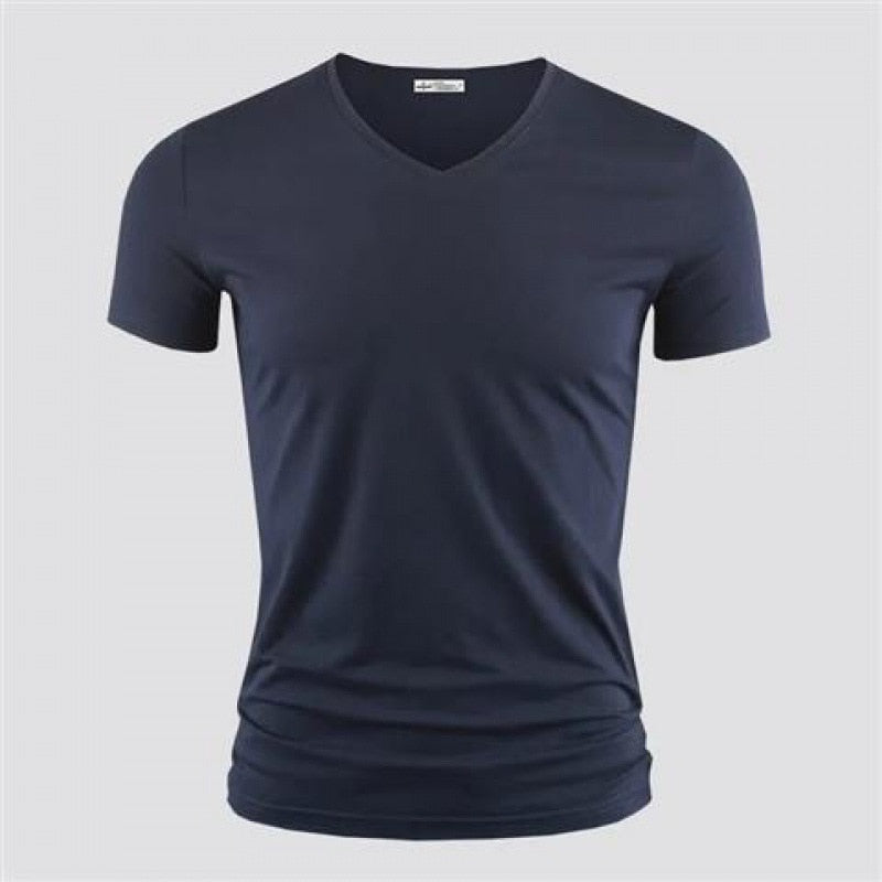 New Mens T Shirt Pure Color V Collar Short Sleeved Tops