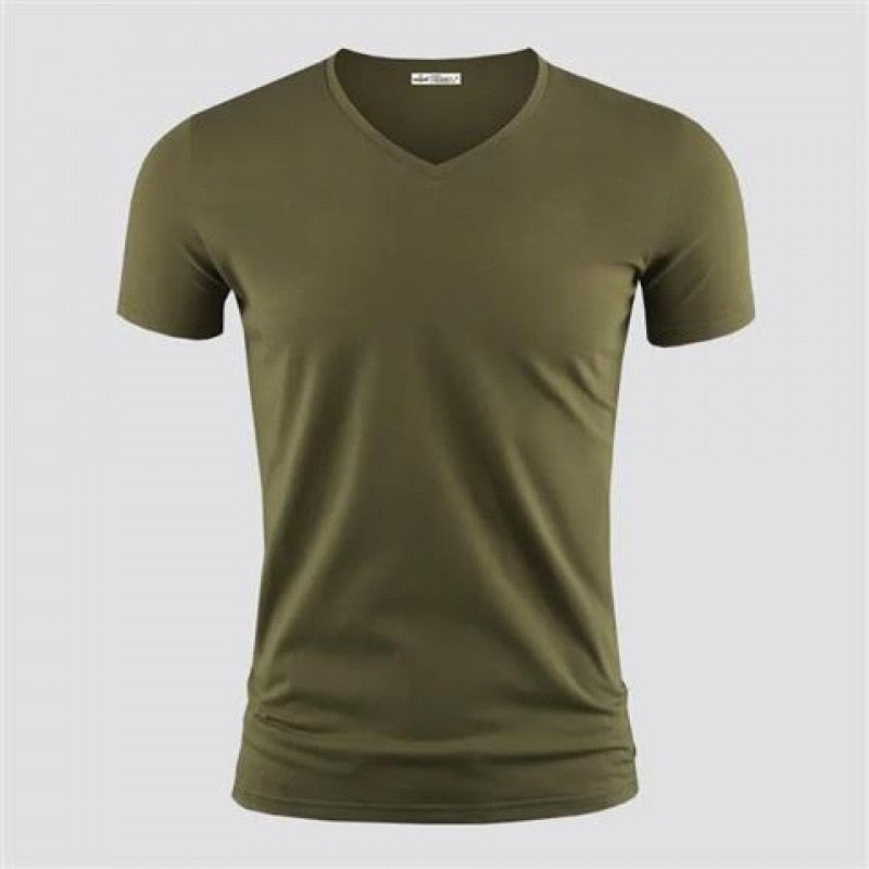 New Mens T Shirt Pure Color V Collar Short Sleeved Tops