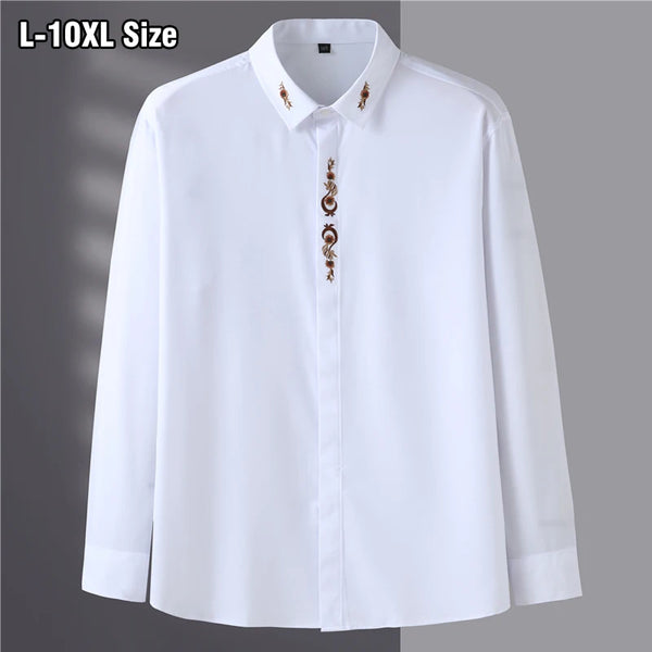 7XL 8XL 9XL 10XL Men's Long Sleeve Shirts Elegant Embroidery Dress 2023 Spring Loose Casual Elasticity Shirt Plus Size Clothing