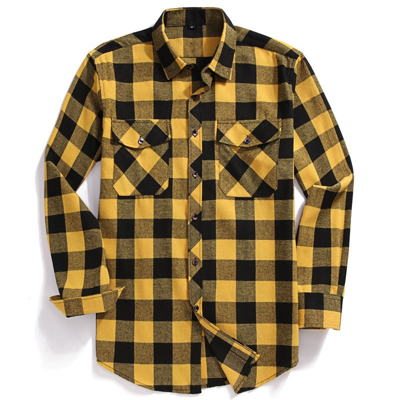 2022 New Men Casual Plaid Flannel Shirt Long-Sleeved Chest Two Pocket Design Fashion Printed-Button (USA SIZE S M L XL 2XL)