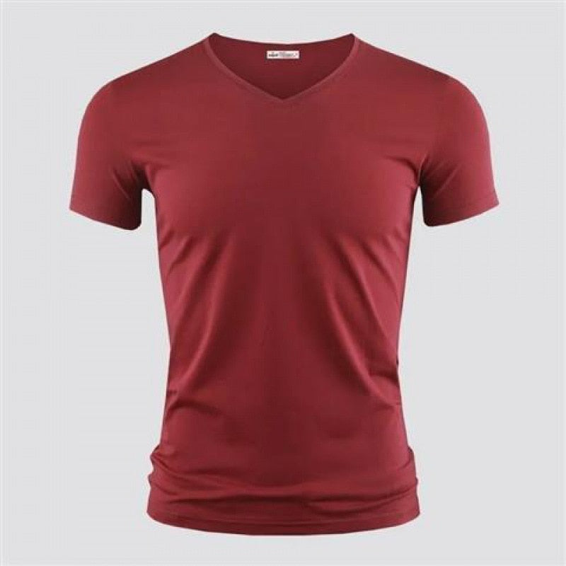 New Mens T Shirt Pure Color V Collar Short Sleeved Tops