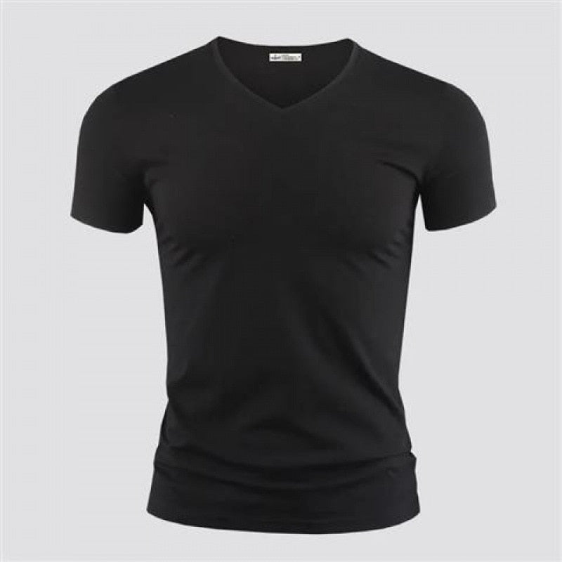 New Mens T Shirt Pure Color V Collar Short Sleeved Tops