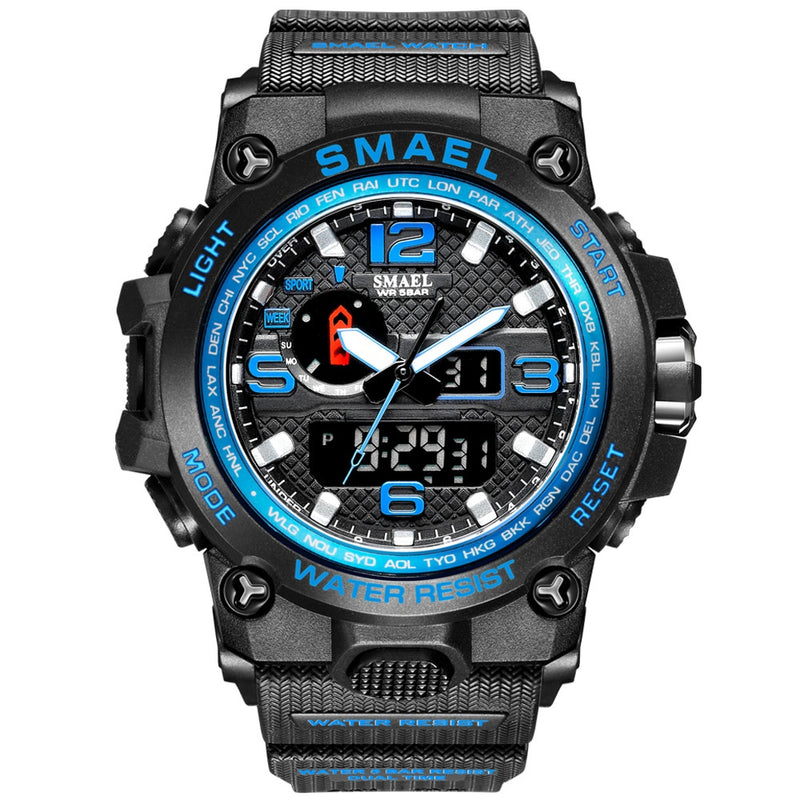 SMAEL Watches For Men 50M Waterproof Clock Alarm reloj hombre 1545D Dual Display Wristwatch Quartz Military Watch Sport New Mens