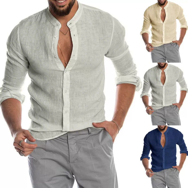 2020 New Men's Casual Blouse Cotton Linen Shirt Loose Tops