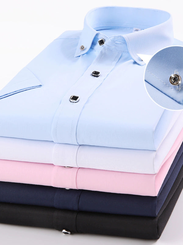 Light Blue Drill Buckle Slim Fit Business Wear Short Sleeve Shirt