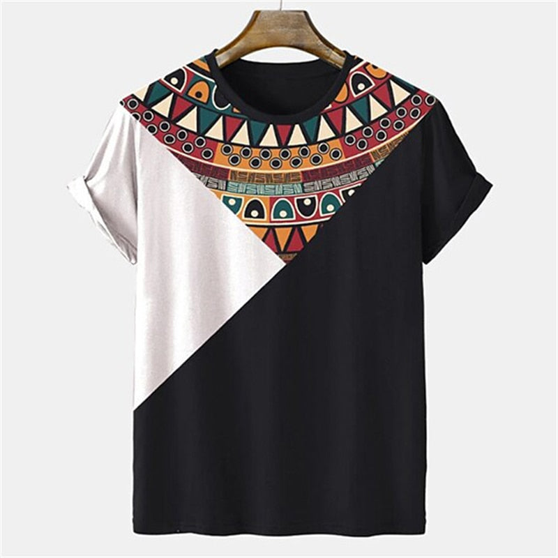 Patchwork Shirt Simple Men's T-shirt Striped Print Short Sleeve