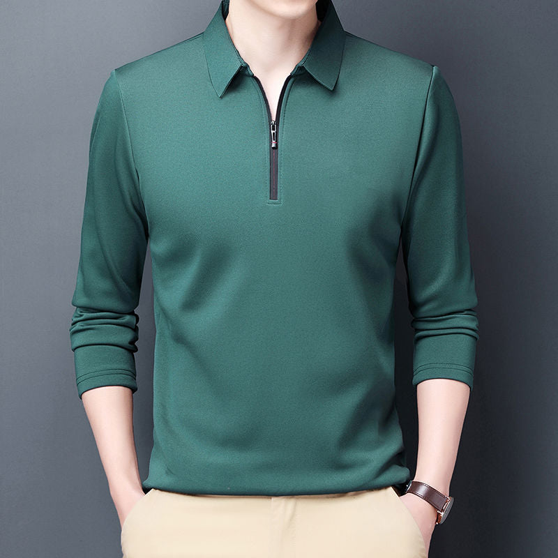 New Men's Solid Polo Shirt Lapel Long-sleeved Polos Shirt Zipper