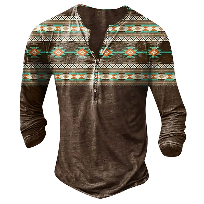 Vintage Men's T-Shirts With Button Ethnic Pattern Print Spring Autumn Loose O-Neck Long Sleeve Oversized T Shirts Male Clothing