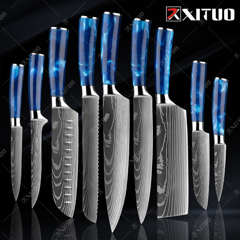 XITUO Kitchen Knife Set Japanese Chef Knives 7CR17 Stainless Steel Damascus Laser Slicing Santoku Cleaver 1-10pc Kitchen Knifes