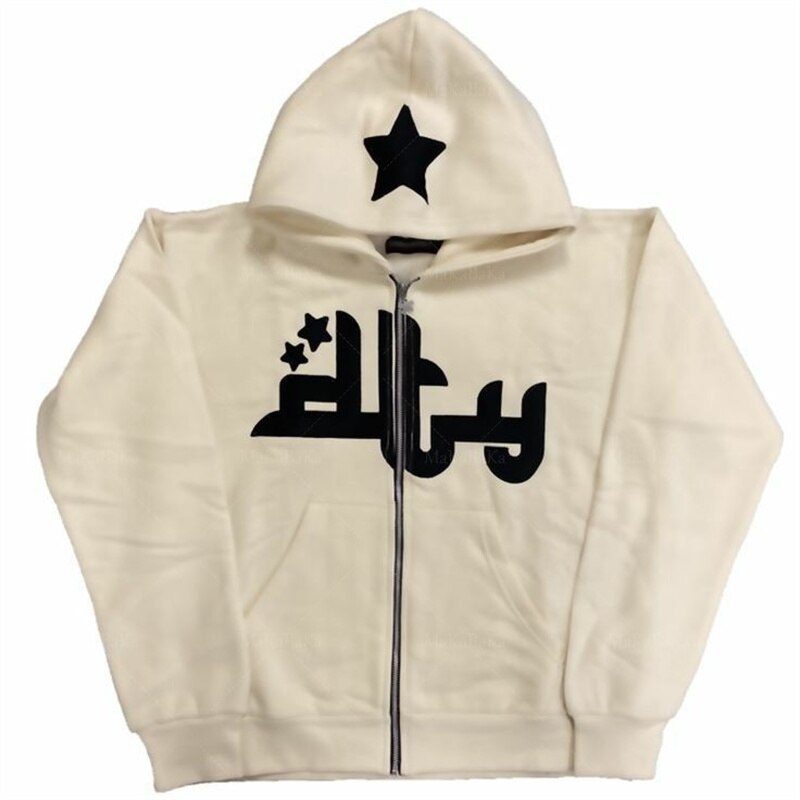 Star Letter Print Hoodie Men Autumn Retro Hip Hop Long Sleeve Zip Up Hooded Jacket Female Gothic Loose Sweatshirt Y2K Streetwear