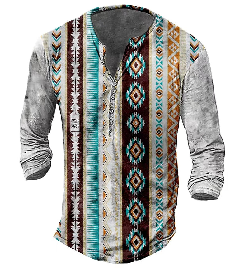 Vintage Men's T-Shirts With Button Ethnic Pattern Print Spring Autumn Loose O-Neck Long Sleeve Oversized T Shirts Male Clothing