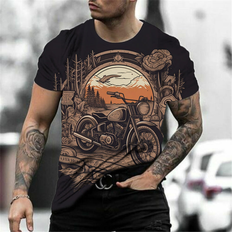 Motorcycle T-shirt Men 3D Car Print Short Sleeve Vintage Tops