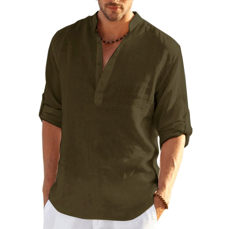 New Men's Linen Long Sleeve T-Shirt Solid Color Loose Casual Shirt Long Sleeve Cotton Linen Shirt