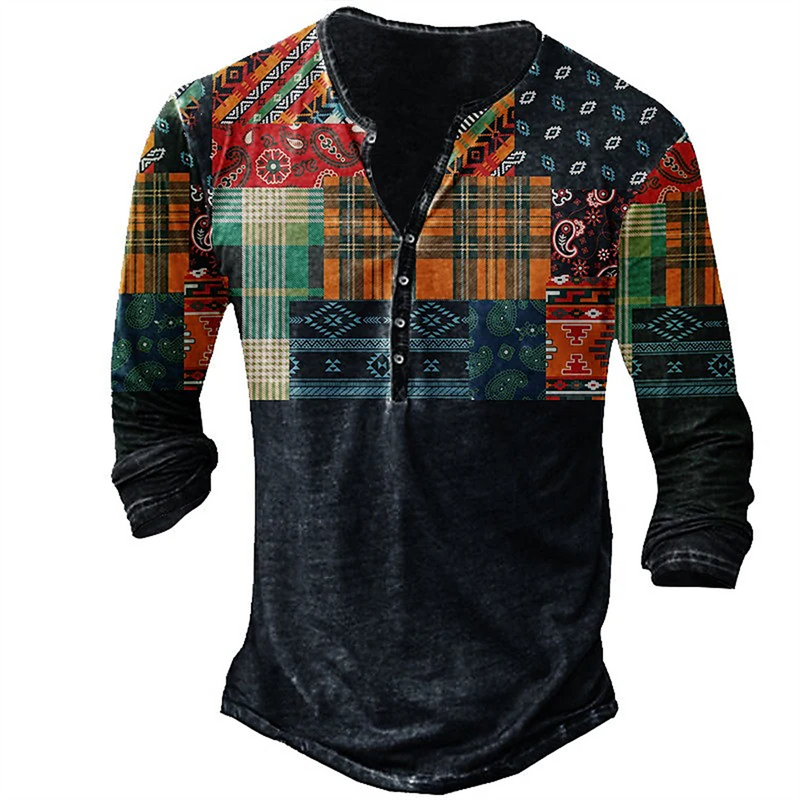 Vintage Men's T-Shirts With Button Ethnic Pattern Print Spring Autumn Loose O-Neck Long Sleeve Oversized T Shirts Male Clothing