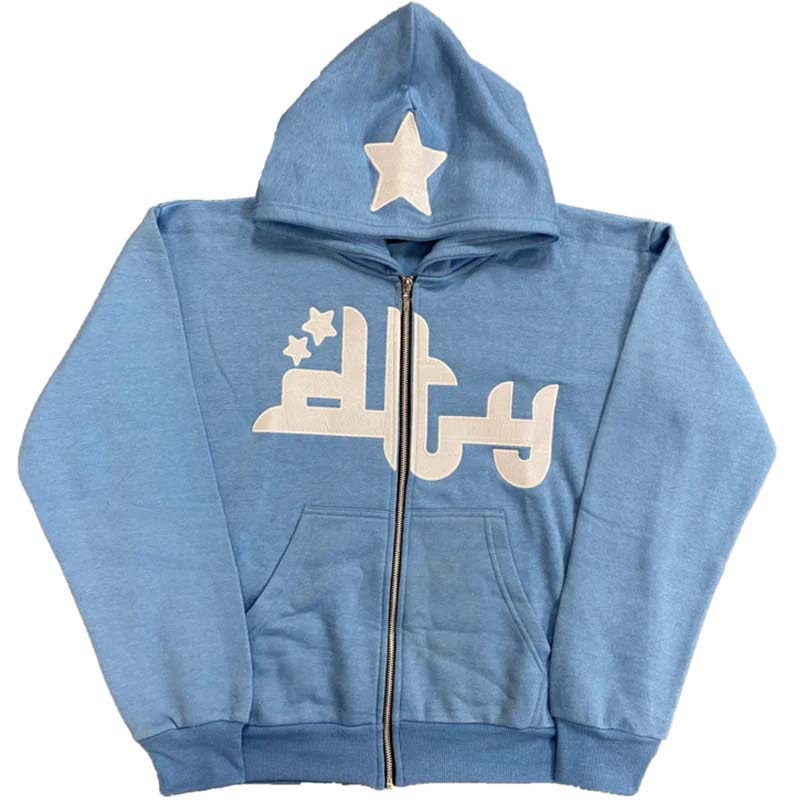 Star Letter Print Hoodie Men Retro Zip Up Long Sleeve