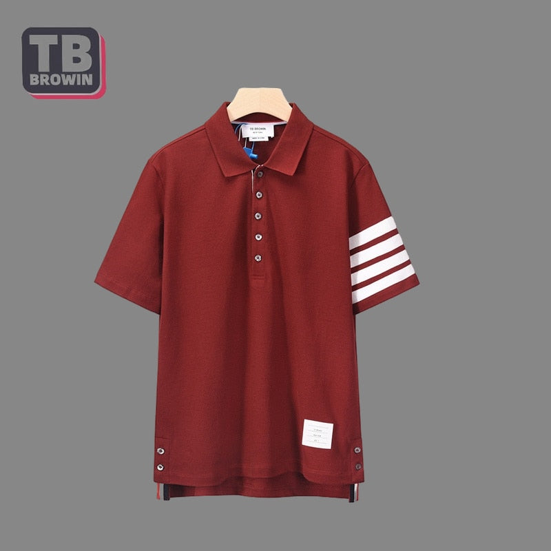 TB BROWIN brand men's half-sleeve four-bar striped cotton luxury lapel short-sleeved T-shirt Thom casual trend couple wear