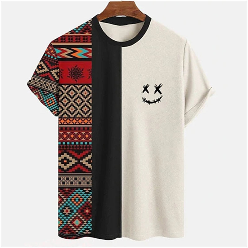 Patchwork Shirt Simple Men's T-shirt Striped Print Short Sleeve