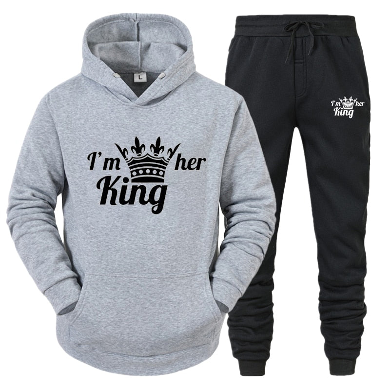 Lover Tracksuit Hoodies Printing QUEEN KING Couple Sweatshirt Plus Size Hooded Clothes Hoodies Women Two Piece Set