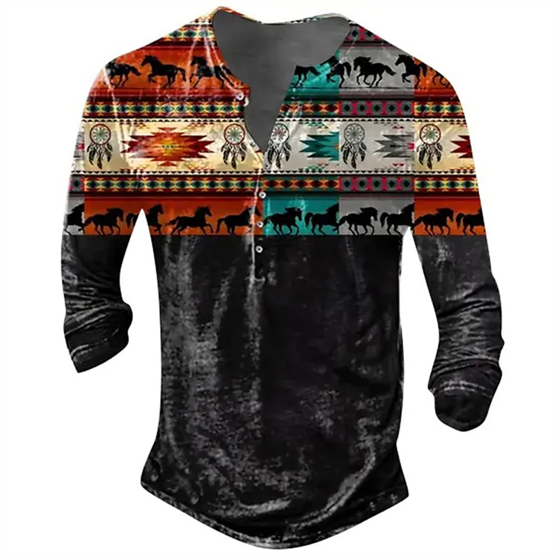 Vintage Men's T-Shirts With Button Ethnic Pattern Print Spring Autumn Loose O-Neck Long Sleeve Oversized T Shirts Male Clothing