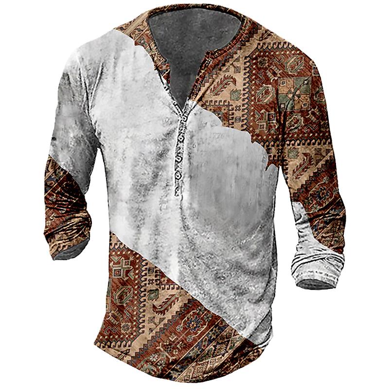 Vintage Men's T-Shirts With Button Ethnic Pattern Print Spring Autumn Loose O-Neck Long Sleeve Oversized T Shirts Male Clothing