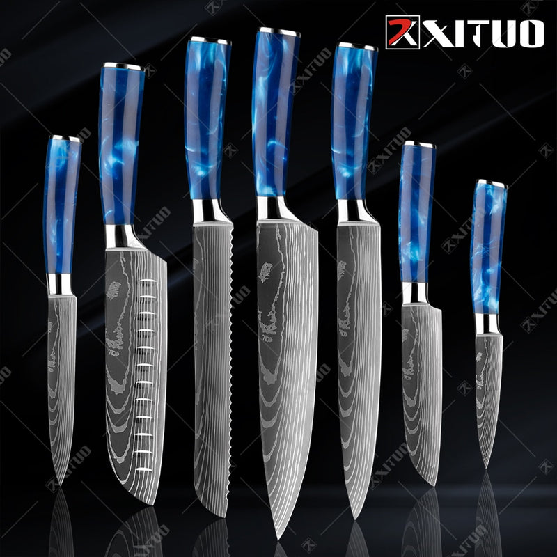 XITUO Kitchen Knife Set Japanese Chef Knives 7CR17 Stainless Steel Damascus Laser Slicing Santoku Cleaver 1-10pc Kitchen Knifes