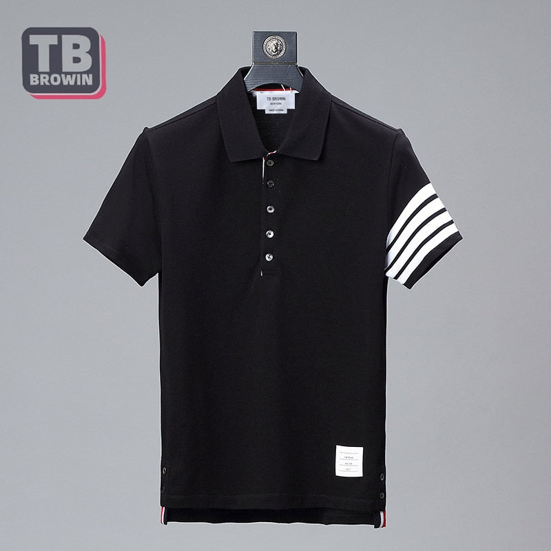 TB BROWIN brand men's half-sleeve four-bar striped cotton luxury lapel short-sleeved T-shirt Thom casual trend couple wear