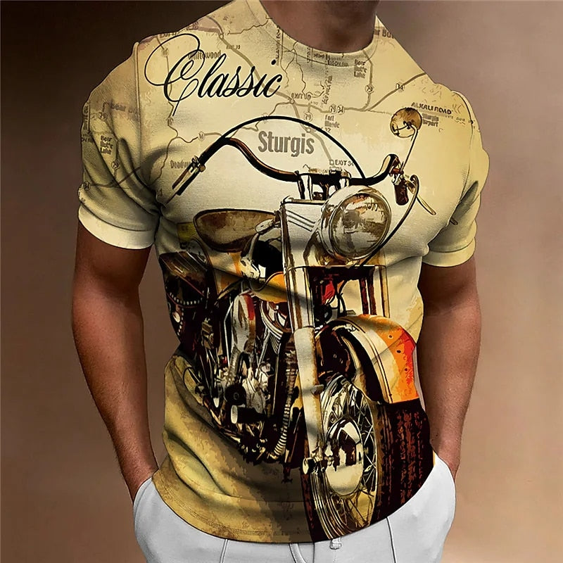 Motorcycle T-shirt Men 3D Car Print Short Sleeve Vintage Tops