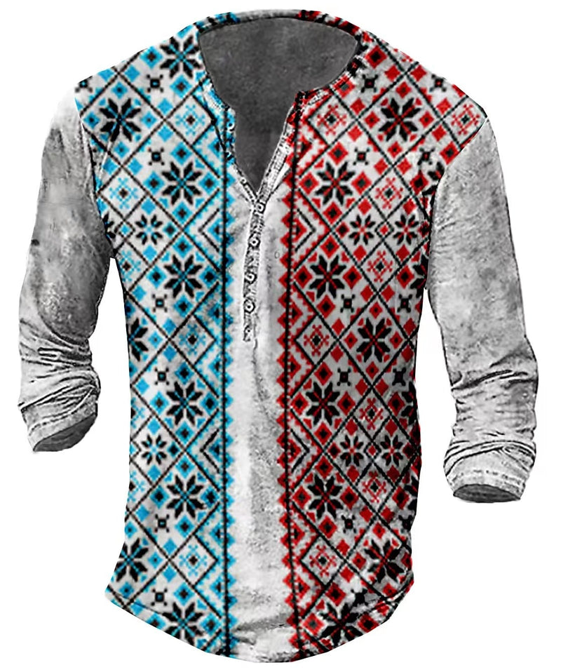 Vintage Men's T-Shirts With Button Ethnic Pattern Print Spring Autumn Loose O-Neck Long Sleeve Oversized T Shirts Male Clothing