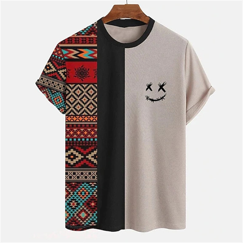 Patchwork Shirt Simple Men's T-shirt Striped Print Short Sleeve