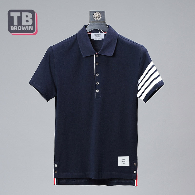 TB BROWIN brand men's half-sleeve four-bar striped cotton luxury lapel short-sleeved T-shirt Thom casual trend couple wear