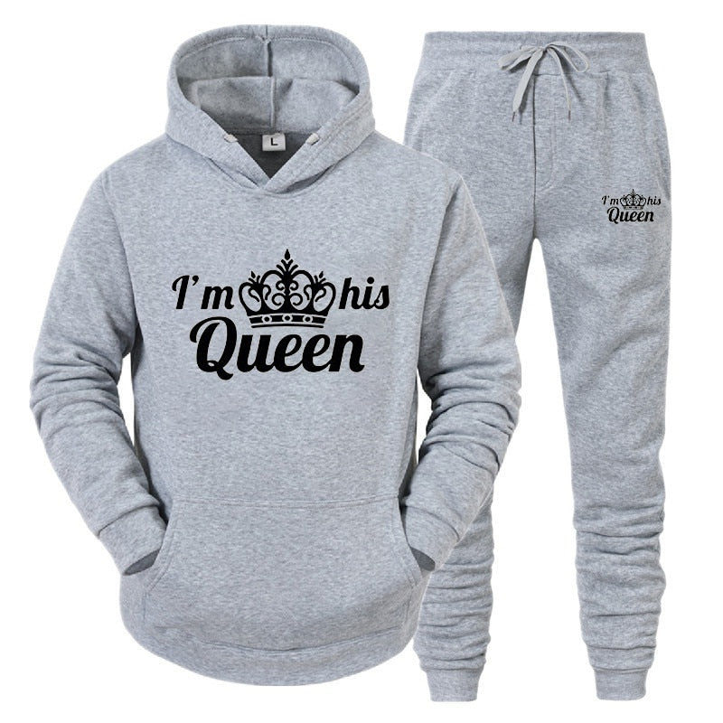 Lover Tracksuit Hoodies Printing QUEEN KING Couple Sweatshirt Plus Size Hooded Clothes Hoodies Women Two Piece Set