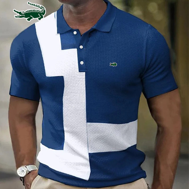 Men's Polo Shirt Fashion Stripe Stitching Casual Lapel Button Summer Men's Short Sleeve Slim Figure Breathable Routine Work Polo