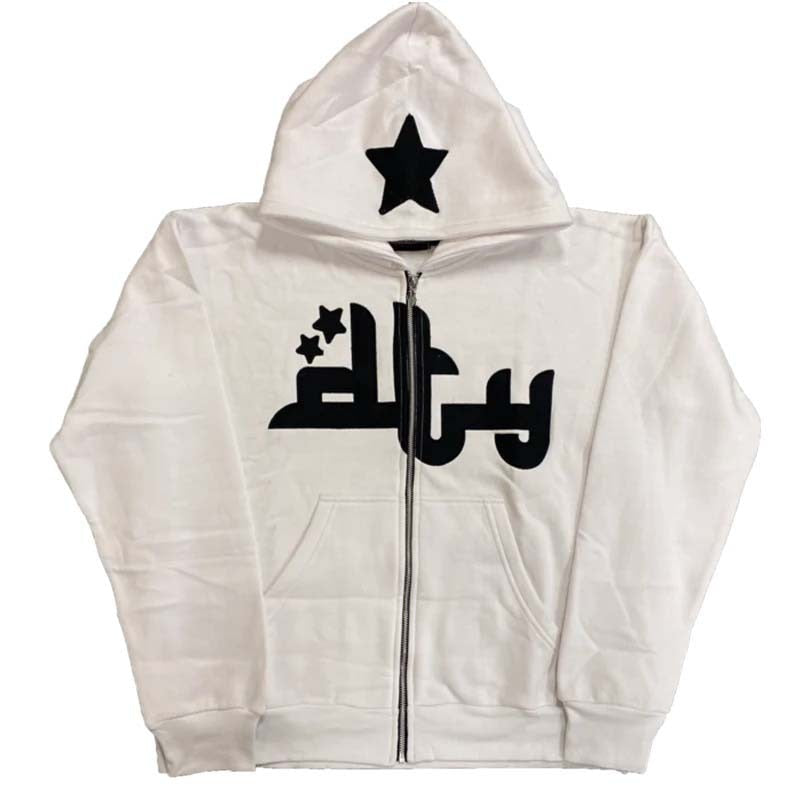 Star Letter Print Hoodie Men Retro Zip Up Long Sleeve