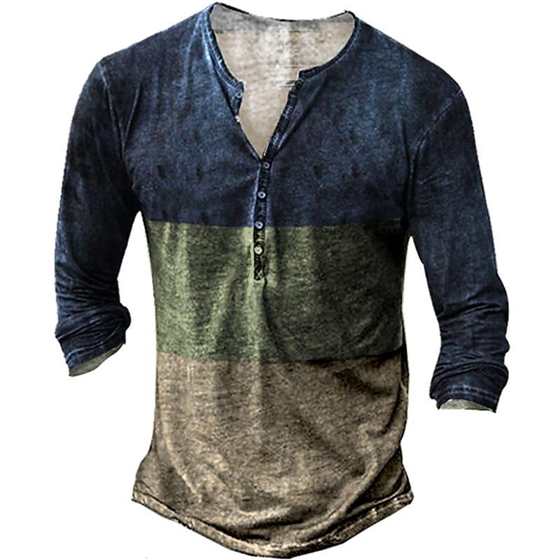 Vintage Men's T-Shirts With Button Ethnic Pattern Print Spring Autumn Loose O-Neck Long Sleeve Oversized T Shirts Male Clothing