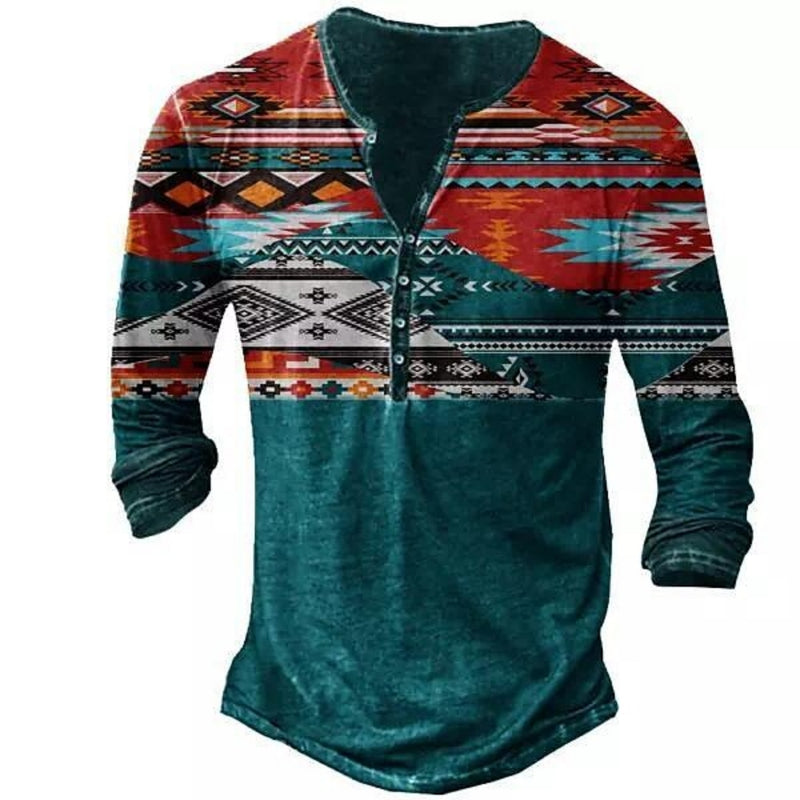 Vintage Men's T-Shirts With Button Ethnic Pattern Print Spring Autumn Loose O-Neck Long Sleeve Oversized T Shirts Male Clothing