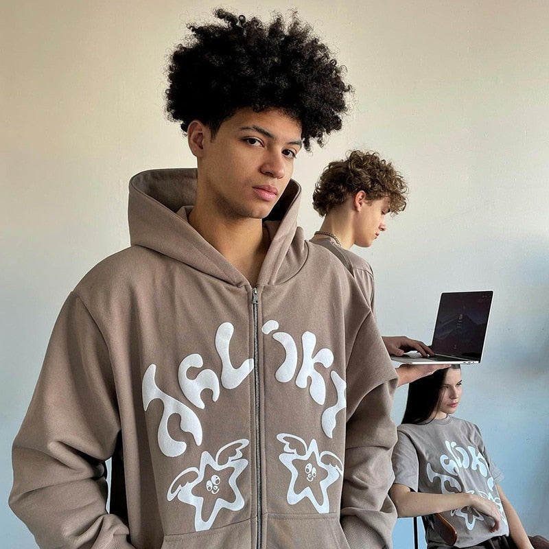 Y2k Hip Hop Zipper Hoodie Men