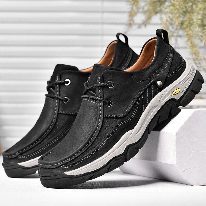 Mens Leather Shoes Luxury Brand Mens Genuine Leather Shoes Outdoor Hiking Shoes Thick Soled Antiskid Shoes Sneakers