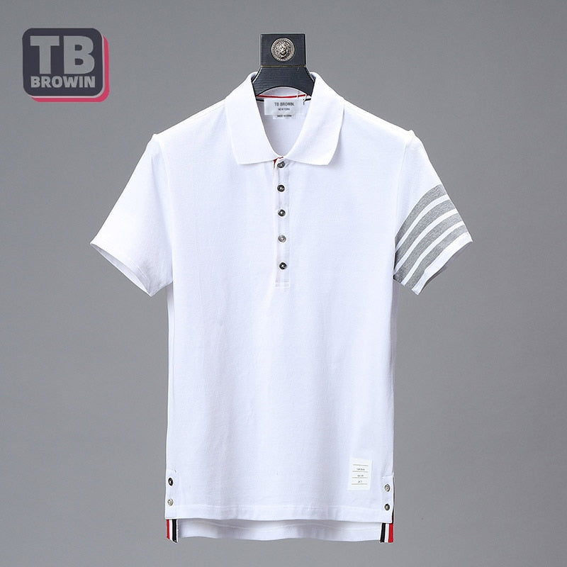 TB BROWIN brand men's half-sleeve four-bar striped cotton luxury lapel short-sleeved T-shirt Thom casual trend couple wear