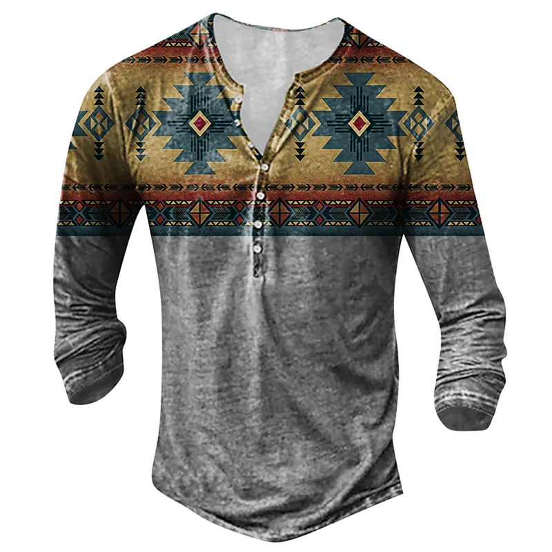 Vintage Men's T-Shirts With Button Ethnic Pattern Print Spring Autumn Loose O-Neck Long Sleeve Oversized T Shirts Male Clothing