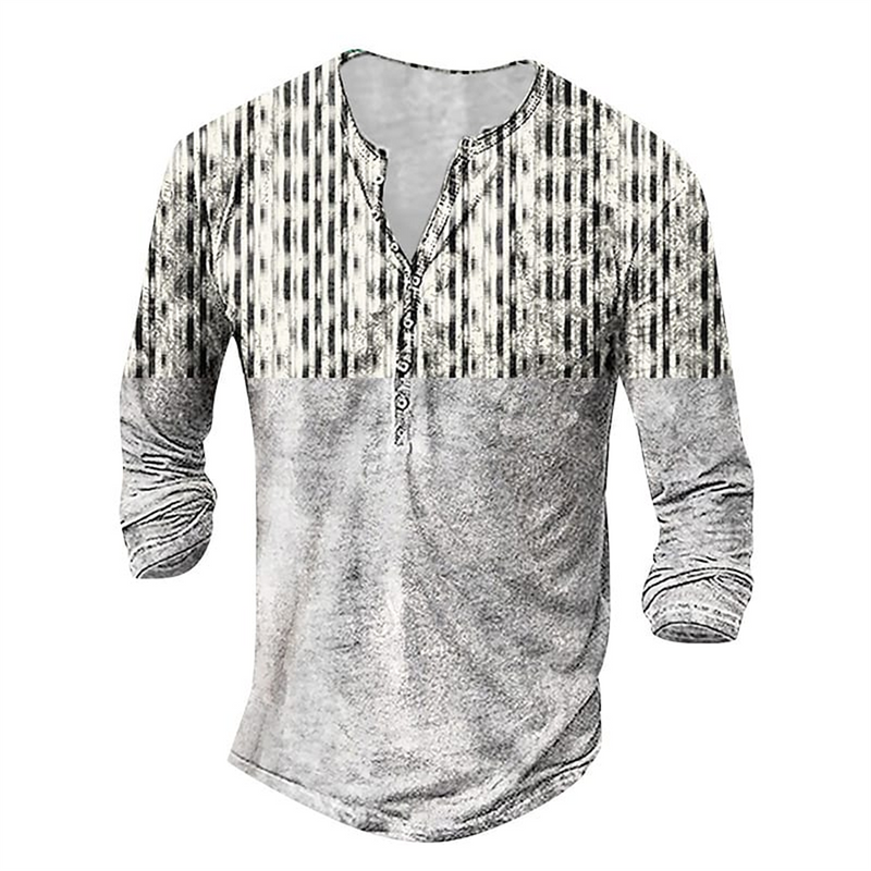 Vintage Men's T-Shirts With Button Ethnic Pattern Print Spring Autumn Loose O-Neck Long Sleeve Oversized T Shirts Male Clothing